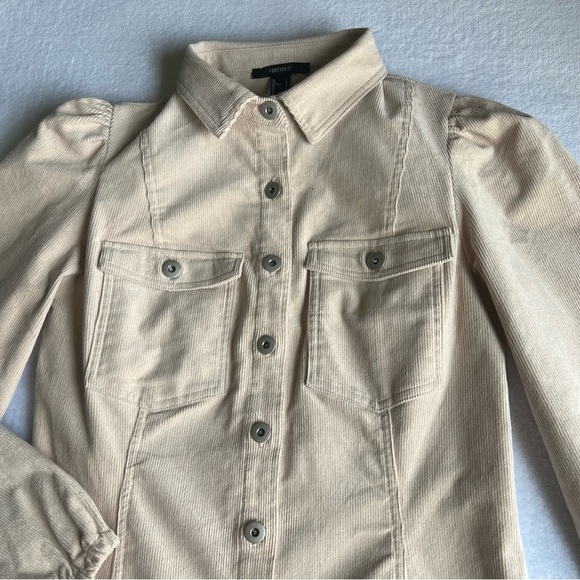 Forever 21 Cream Corduroy Shirt Dress Long Sleeve A-Line Exposed Buttons - Picture 4 of 12